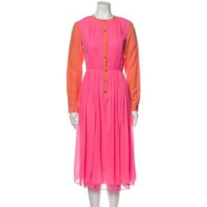 RACHEL ROY Bright Pink Orange Long Sleeve Silk Midi Dress